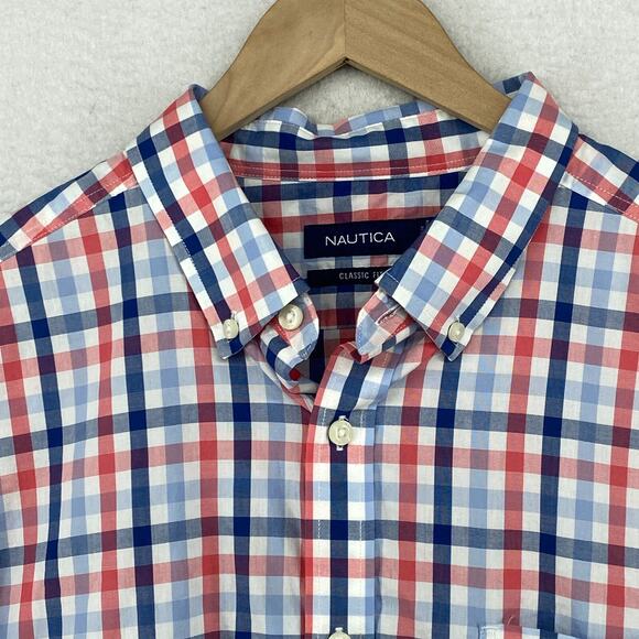 Nautica Red and Blue Plaid Casual Button Down Shirt - Picture 1 of 11